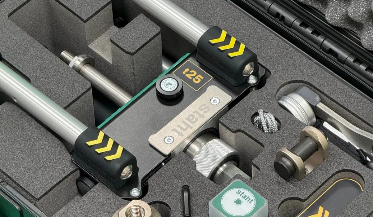 STAHT t25 digital pull tester kit open in its carry case, with the bridge frame and test accessories