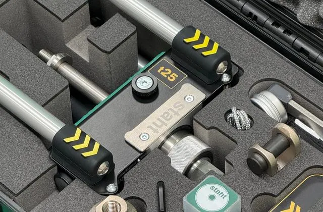 STAHT t25 digital pull tester kit open in its carry case, with the bridge frame and test accessories