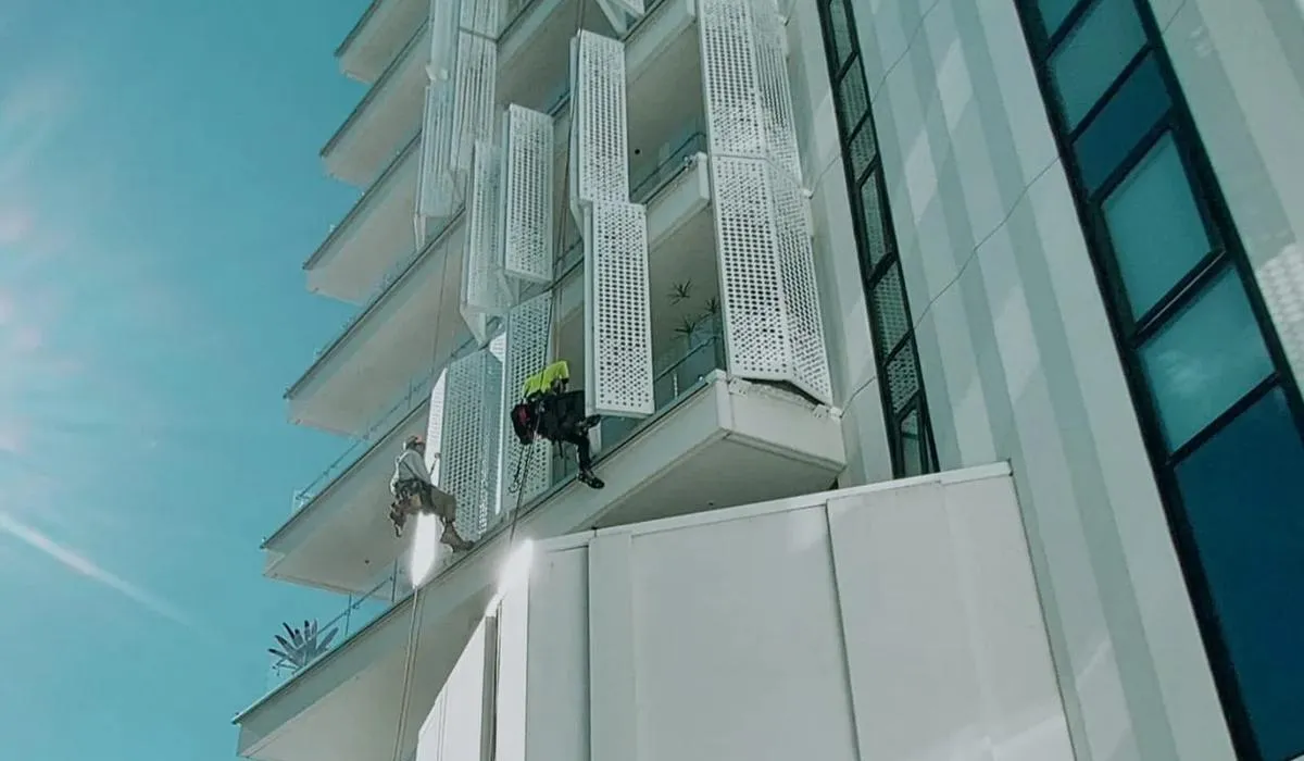 Alpine-Tech 360 rope access technicians at work on a high-rise building facade in Auckland