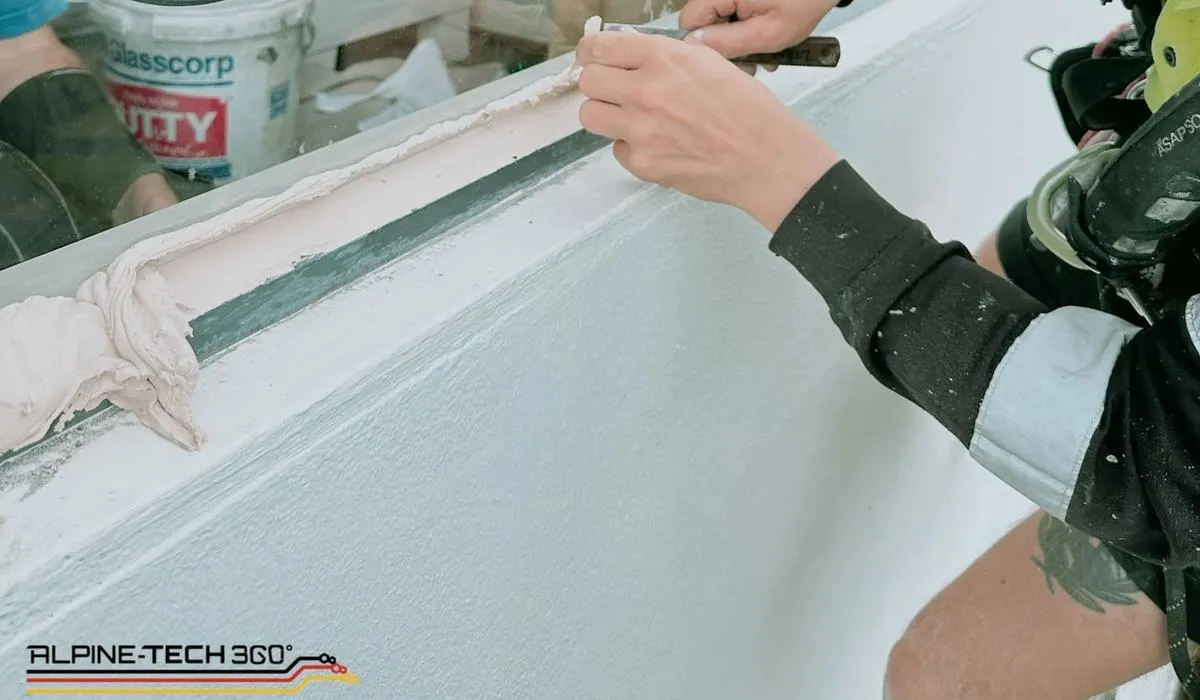 Rope access glazier bedding putty into a window frame during high-rise glass replacement in Auckland